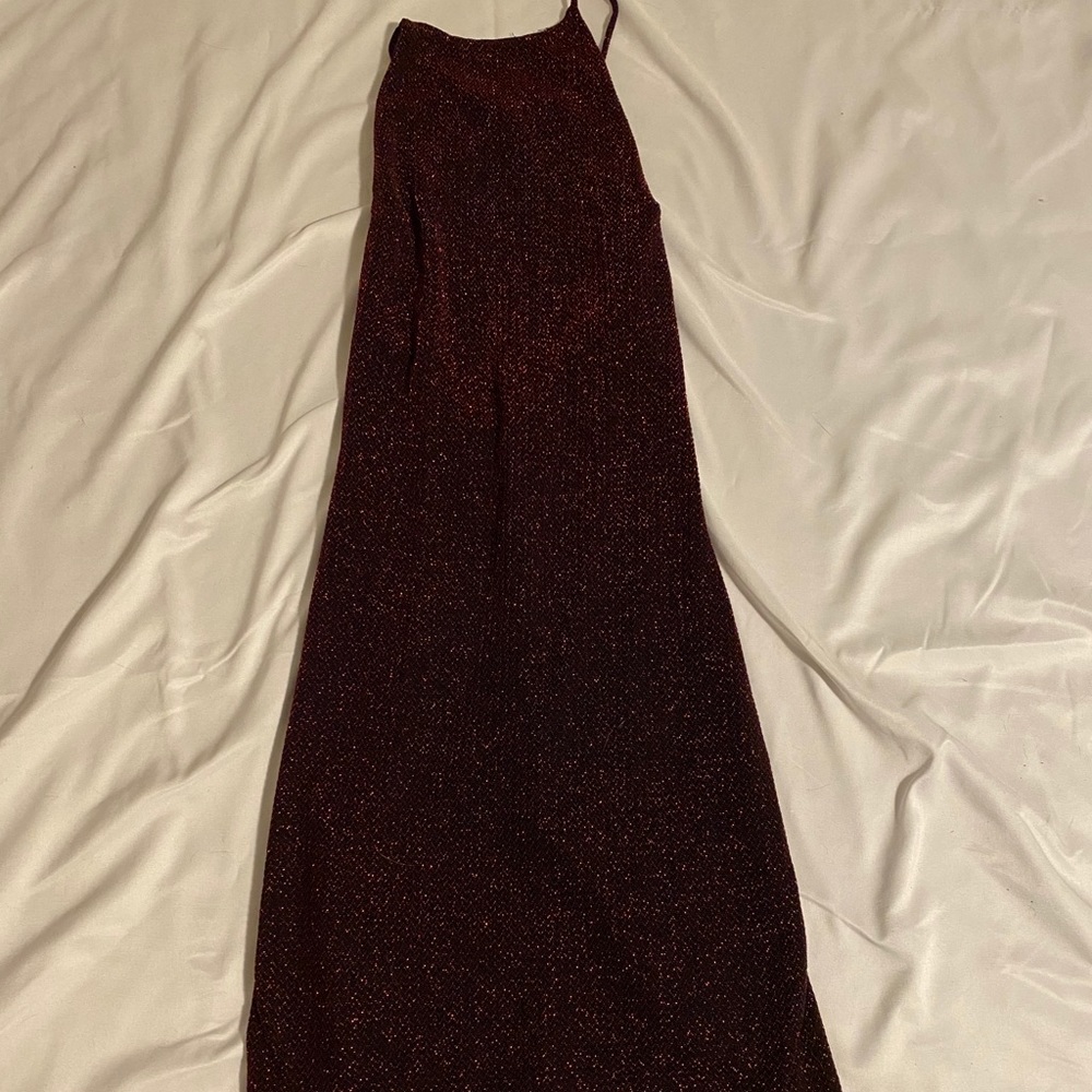 High neck, open back red sparkle dress